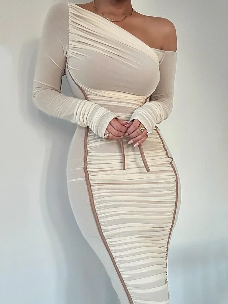 Diagonal Collar Long Sleeve Midi Dress for Women Two Layer Mesh Backless Ruched Bodycon Club Party Sexy Long Dress
