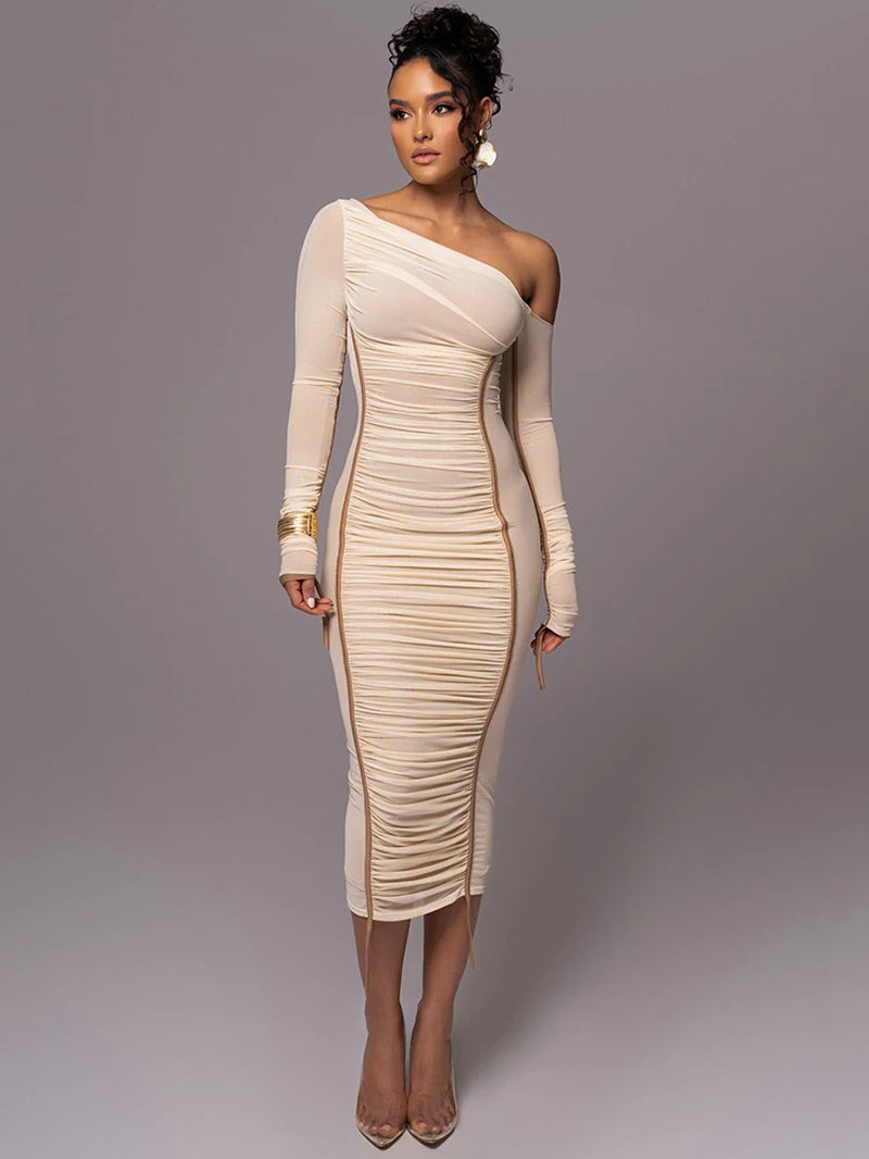 Diagonal Collar Long Sleeve Midi Dress for Women Two Layer Mesh Backless Ruched Bodycon Club Party Sexy Long Dress