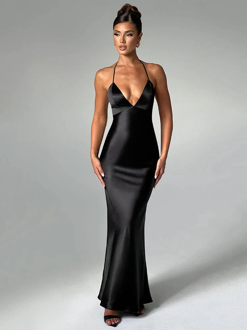 Elegant Backless Sexy Maxi Dress for Women Summer New Spaghetti Strap Sleeveless Bodycon Club Party Long Dress Clubwear