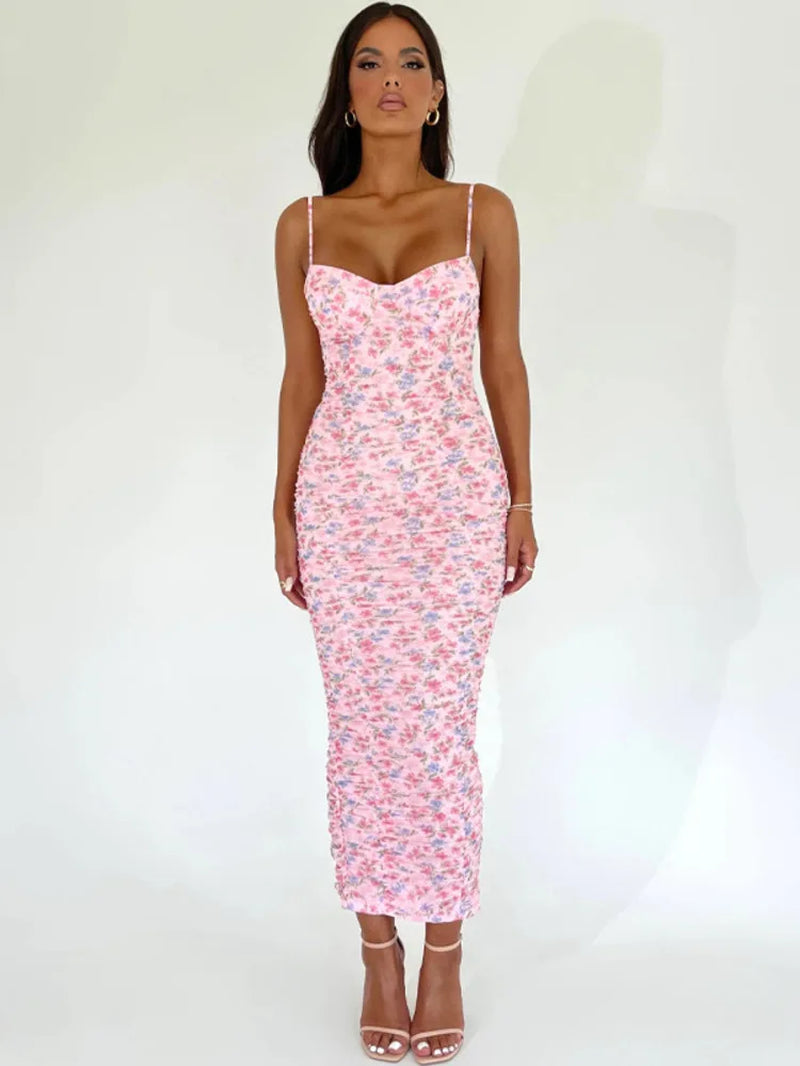 Elegant Backless Print Midi Dress for Women Fashion Spaghetti Strap Sleeveless Bodycon Back Slit Sexy Long Dress